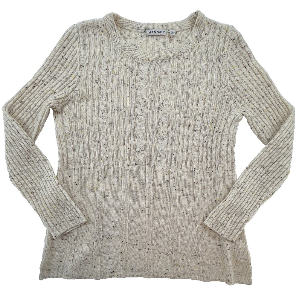 Hannah Women Cable Knit Sweater Medium Cream Speckled Cozy Cottage Core Pullover
